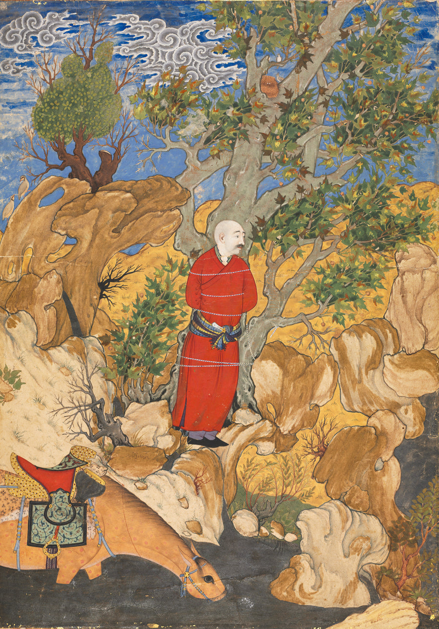 Sadiqi Bek — Shahnama: Aulad Tied to a Plane Tree | Persian Miniature Art Print shown to scale on a wall above a sofa