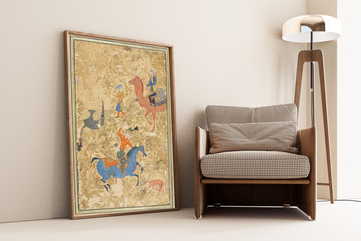 Framed art print of Shahnama: Bahram Gur and Azada, leaning against a wall beside an armchair and a floor lamp