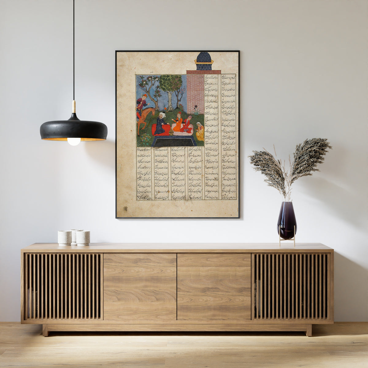 Framed art print of Shahnama: Bahram Gur and the Farmer's Daughters, above a slatted wood sideboard