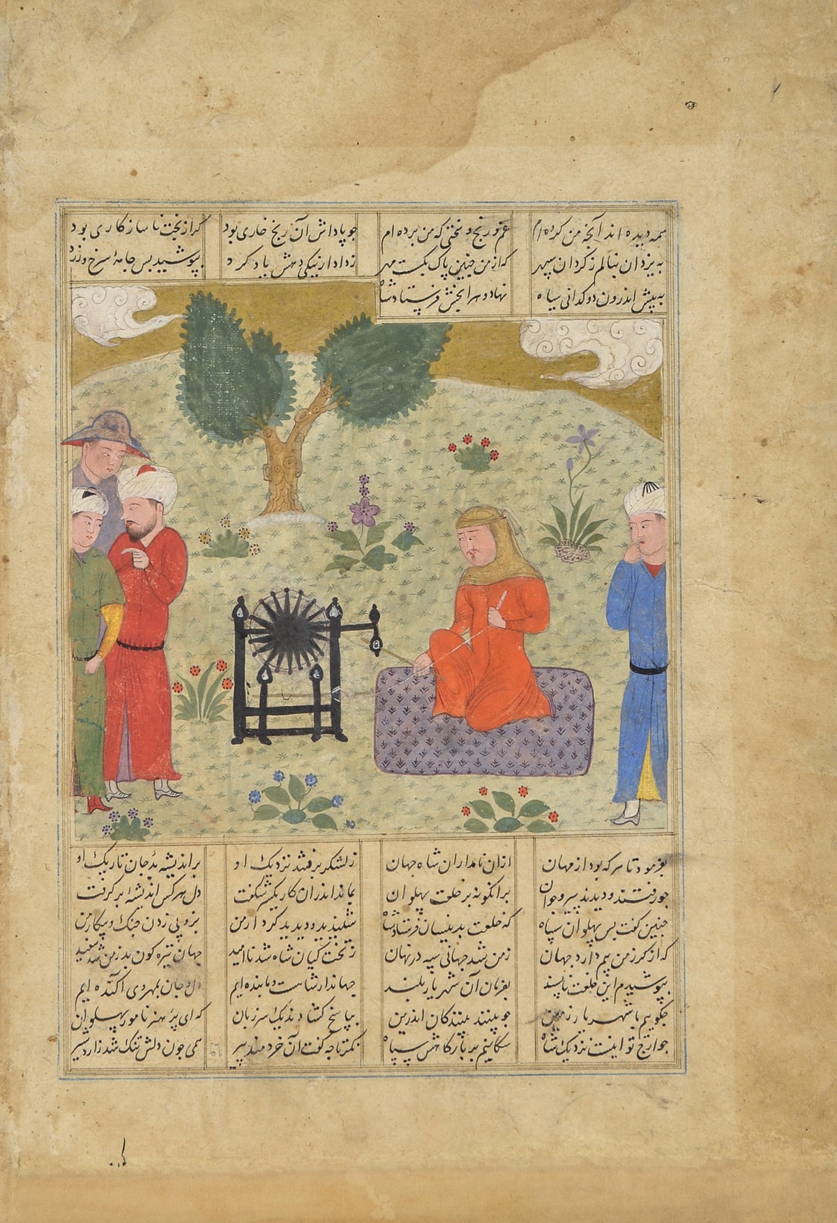 Shahnama: Bahram-e Chubineh Wears Women's Clothing and Spins Yarn | Persian Miniature Art Print
