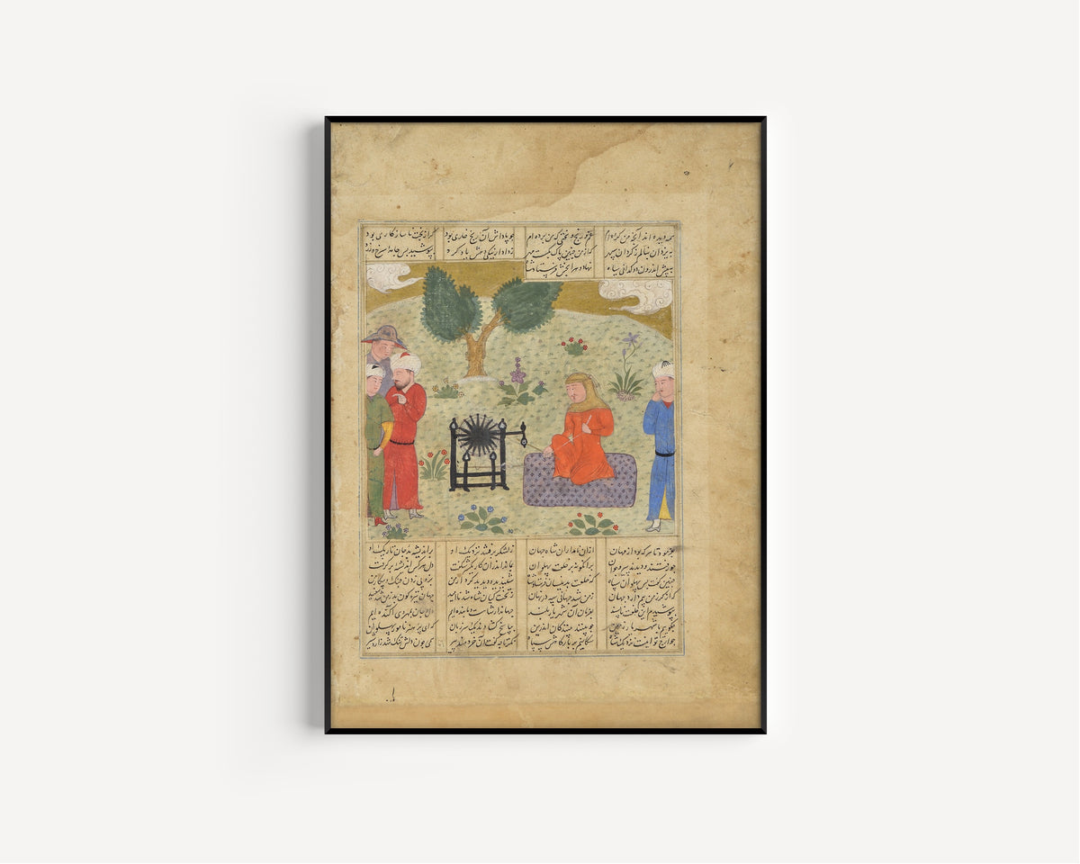 Framed art print of Shahnama: Bahram-e Chubineh Wears Women's Clothing and Spins Yarn, in a slim black frame on a plain white wall
