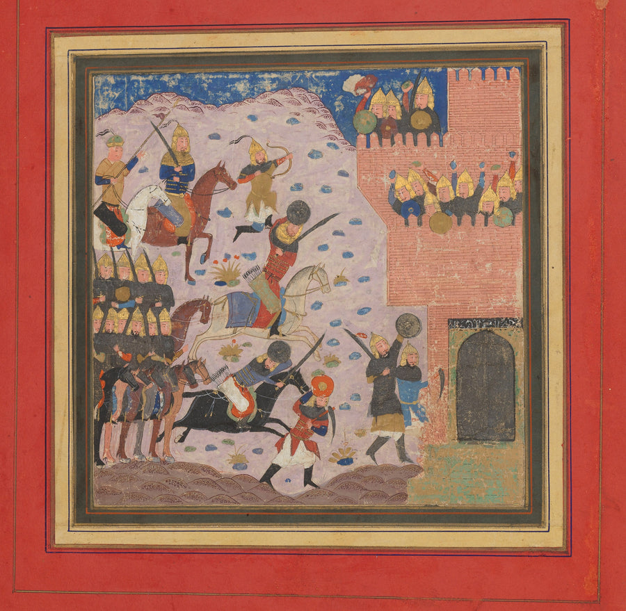 Shahnama: Kai Khusrau, Gudarz and Giv Capturing the Demon's Fortress | Islamic Manuscript Painting Print shown to scale on a wall above a sofa