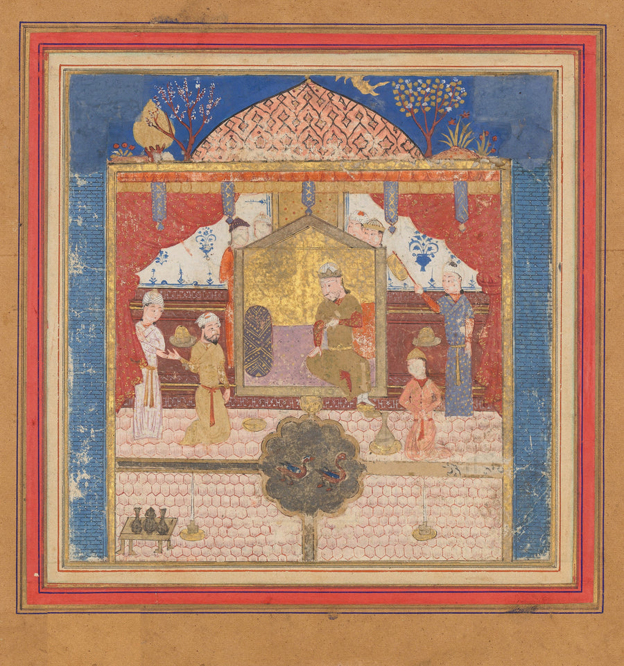 Shahnama: Khusrau Parviz before his Father Hurmuzd (?) | Islamic Manuscript Painting Print shown to scale on a wall above a sofa