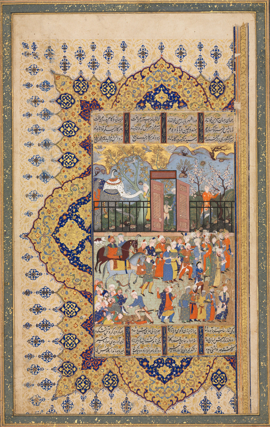 Shahnama: King Luhrasp Ascends the Throne, a Procession Arrives at Court | Persian Miniature Art Print shown to scale on a wall above a sofa