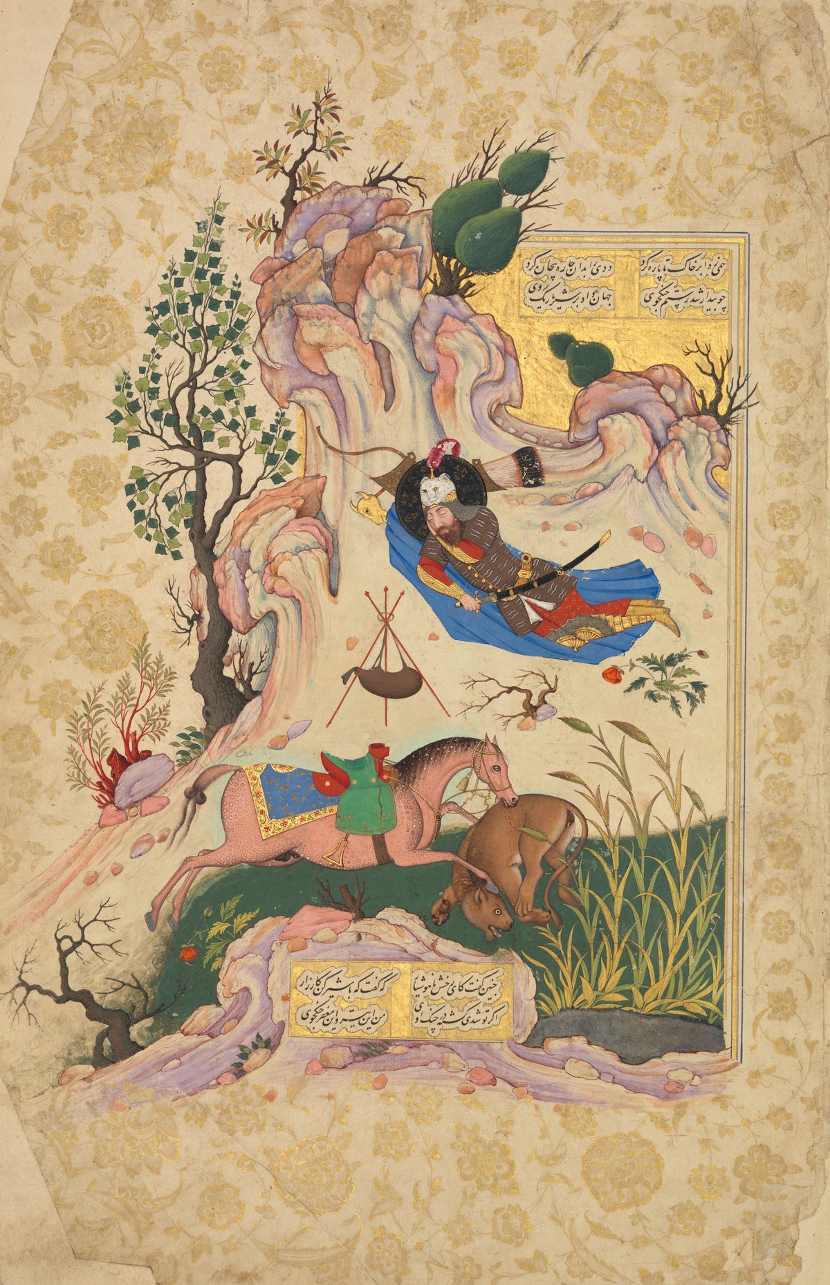 Shahnama: Rakhsh Kills a Lion while Rustam Sleeps | Persian Miniature Art Print