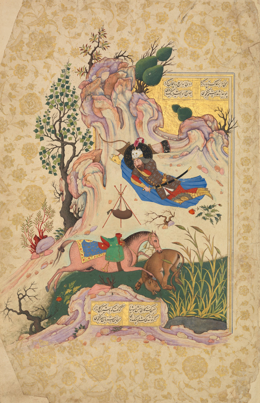 Shahnama: Rakhsh Kills a Lion while Rustam Sleeps | Persian Miniature Art Print shown to scale on a wall above a sofa