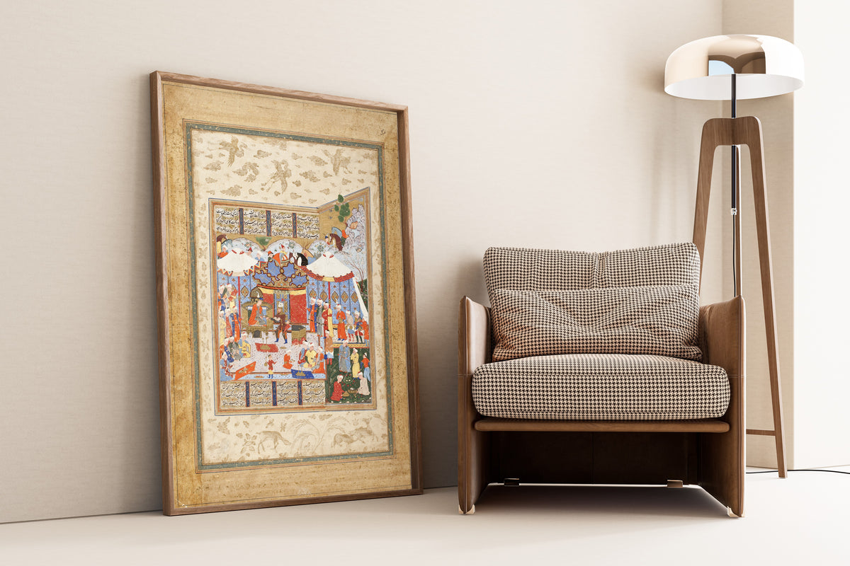 Framed art print of Shahnama: Rustam Approaching the Tents of King Kubad, leaning against a wall beside an armchair and a floor lamp