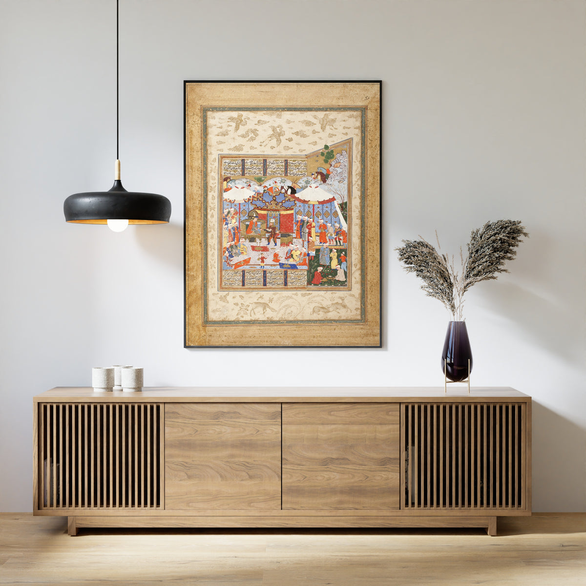 Framed art print of Shahnama: Rustam Approaching the Tents of King Kubad, above a slatted wood sideboard