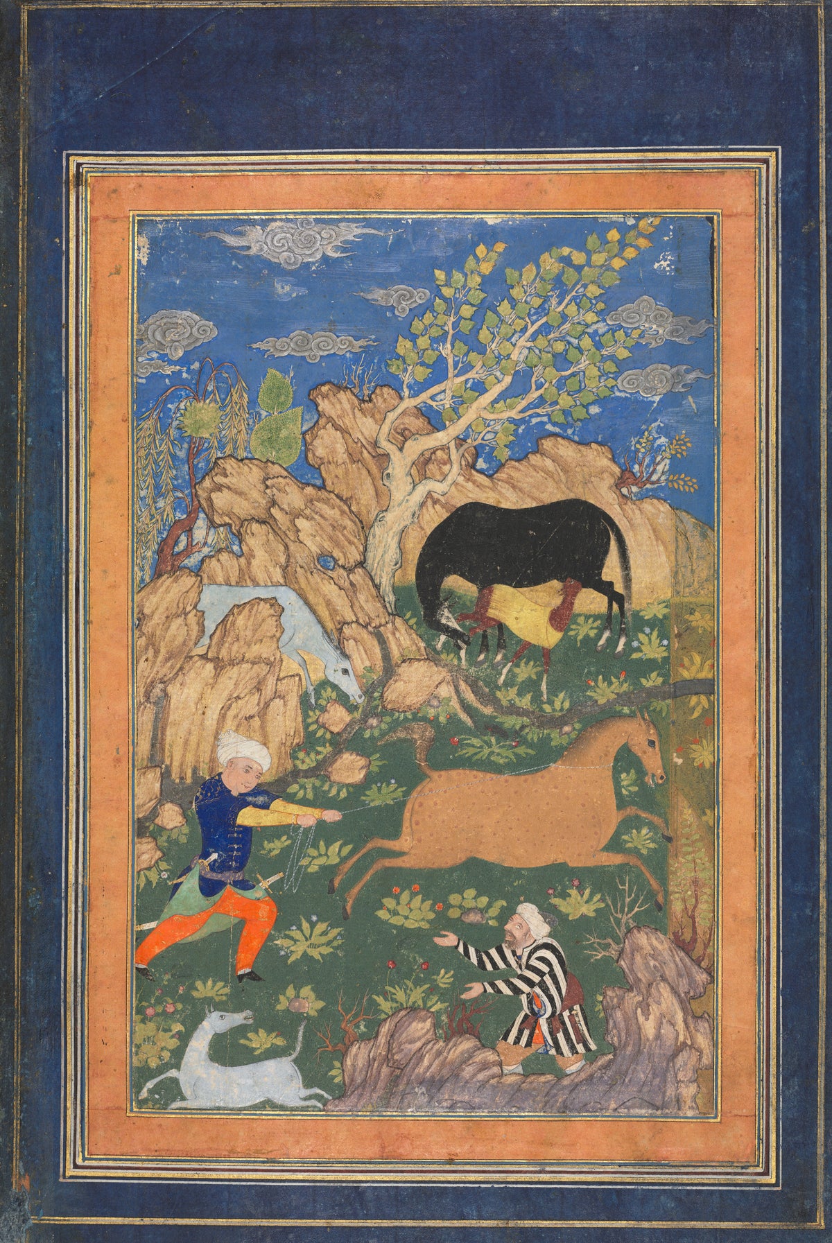 Shahnama: Rustam Lassoing His Horse, Rakhsh, in a Landscape | Persian Miniature Art Print