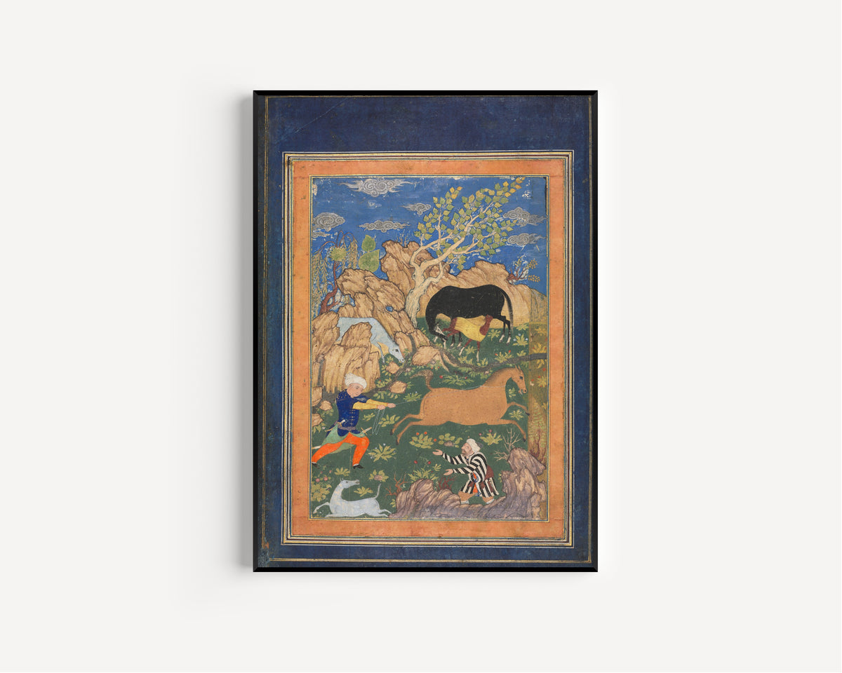 Shahnama: Rustam Lassoing His Horse, Rakhsh, in a Landscape | Persian Miniature Art Print