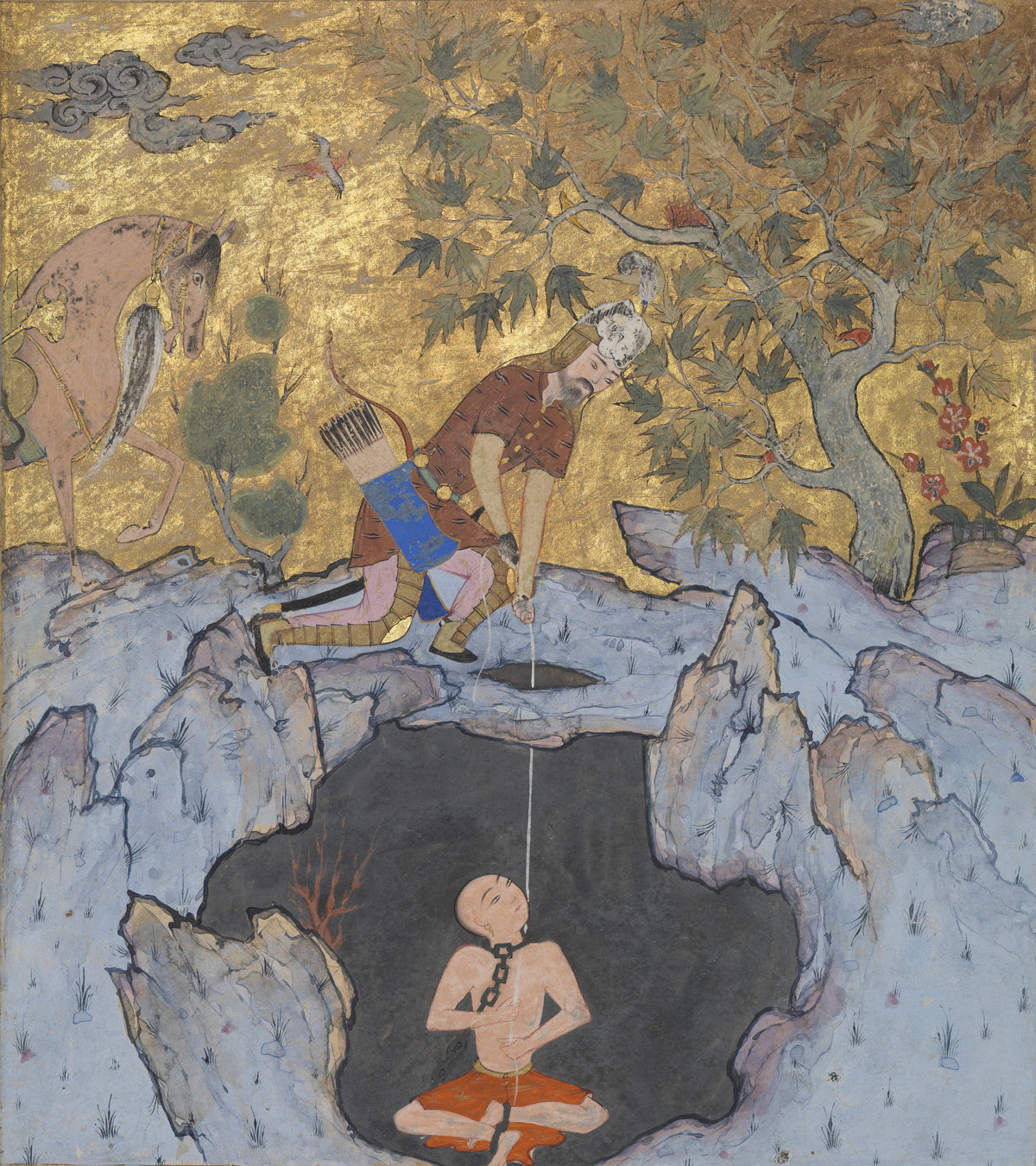 Shahnama: Rustam Rescues Bizhan from the Pit | Persian Miniature Art Print