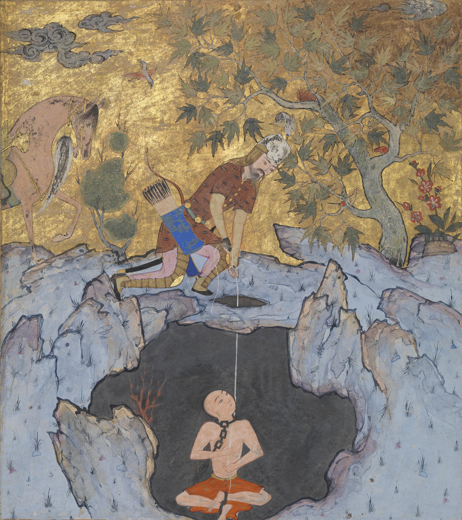 Shahnama: Rustam Rescues Bizhan from the Pit | Persian Miniature Art Print shown to scale on a wall above a sofa
