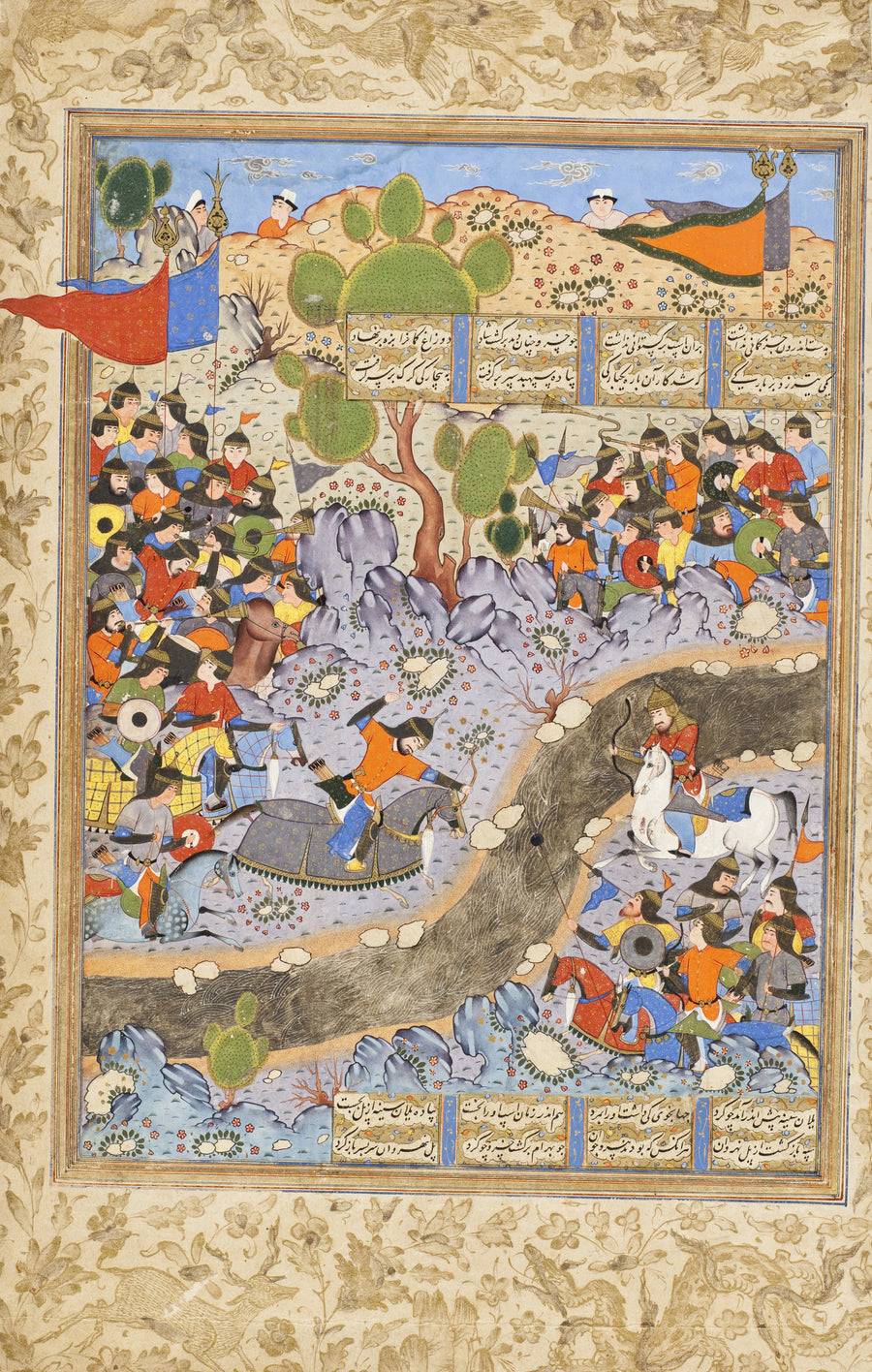 Shahnama: The Night Attack of Bahram Chubina on the Army of Khusraw Parvis | Persian Miniature Art Print shown to scale on a wall above a sofa