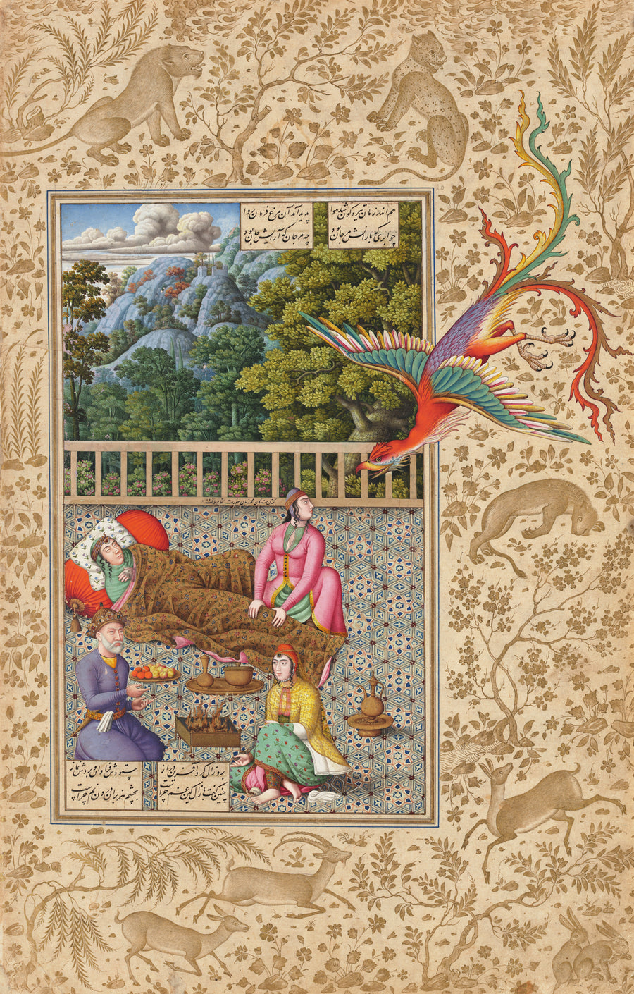Mohammad Zaman — Shahnama: The Simurgh Arrives to Assist with the Birth of Rustam | Persian Miniature Art Print shown to scale on a wall above a sofa