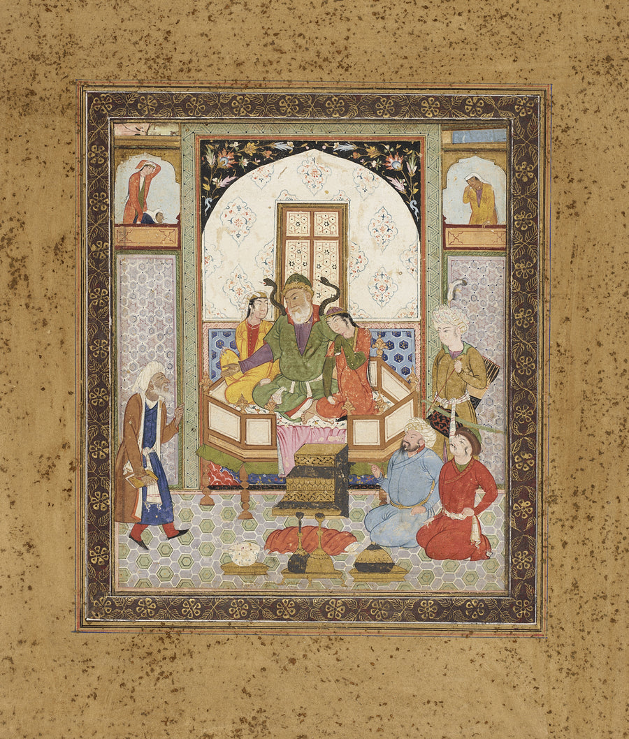 Shahnama: Zahhak Enthroned with the Two Daughters of Jamshid | Persian Miniature Art Print shown to scale on a wall above a sofa