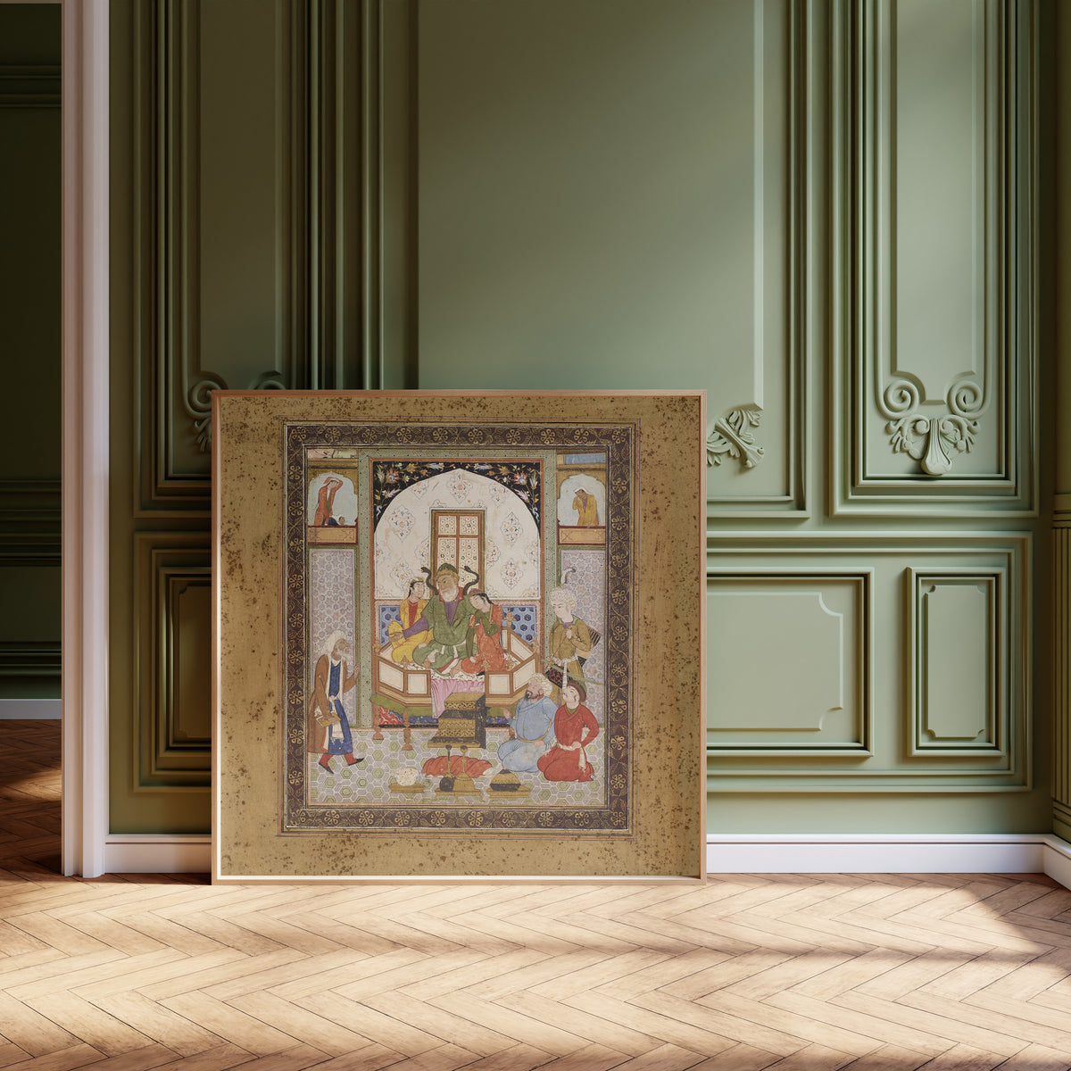 Framed art print of Shahnama: Zahhak Enthroned with the Two Daughters of Jamshid, leaning against olive-green panelling on a herringbone floor
