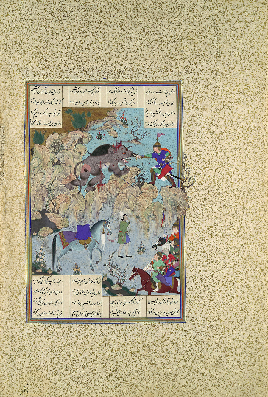 Mir Musavvir (attributed) and Qasim ibn Ali (attributed) — Shahnama of Shah Tahmasp: Bahram Chubina Slays the Lion-Ape | Persian Miniature Art Print shown to scale on a wall above a sofa