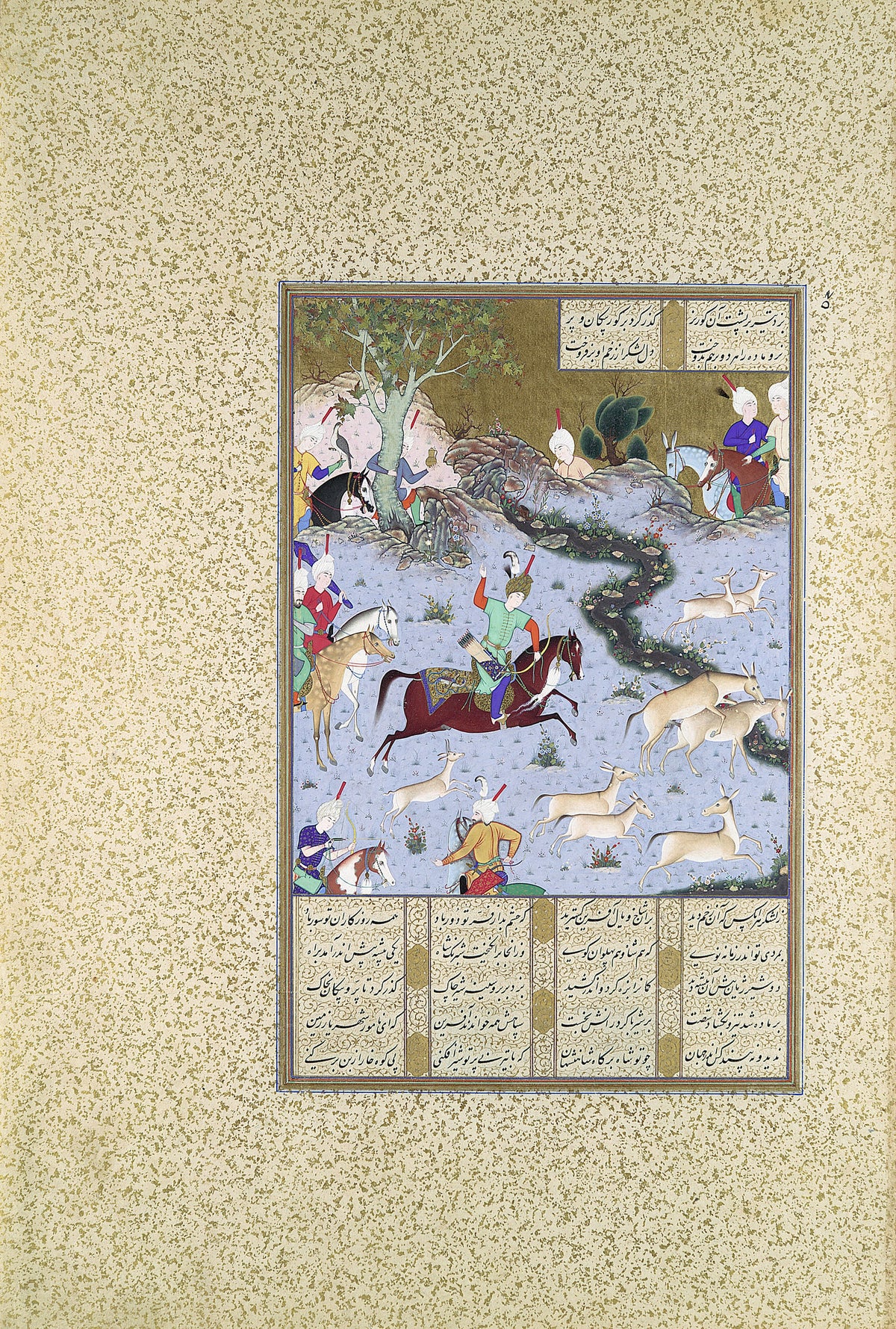 Mir Sayyid Ali (attributed) — Shahnama of Shah Tahmasp: Bahram Gur Pins the Coupling Onagers | Persian Miniature Art Print