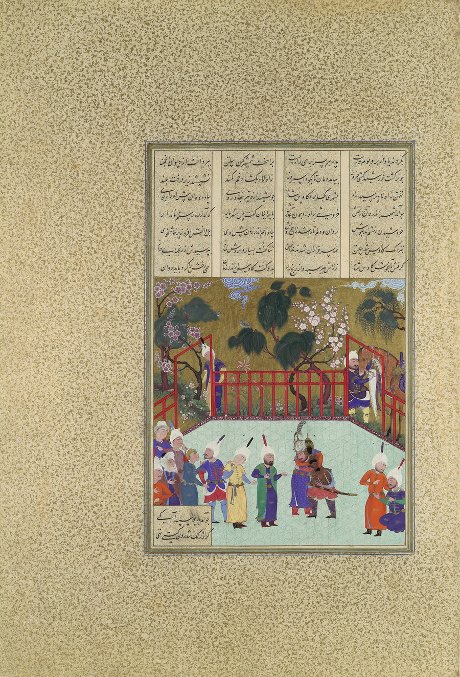 Qadimi (attributed) — Shahnama of Shah Tahmasp: Kai Kavus and Rustam Embrace | Persian Miniature Art Print shown to scale on a wall above a sofa