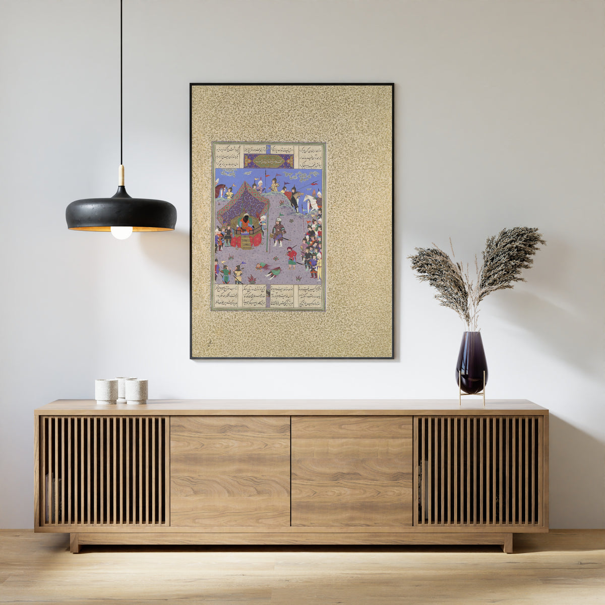 Framed art print of Shahnama of Shah Tahmasp: Rustam Brings the… by Mir Musavvir (attributed) and Qasim ibn Ali (attributed), above a slatted wood sideboard