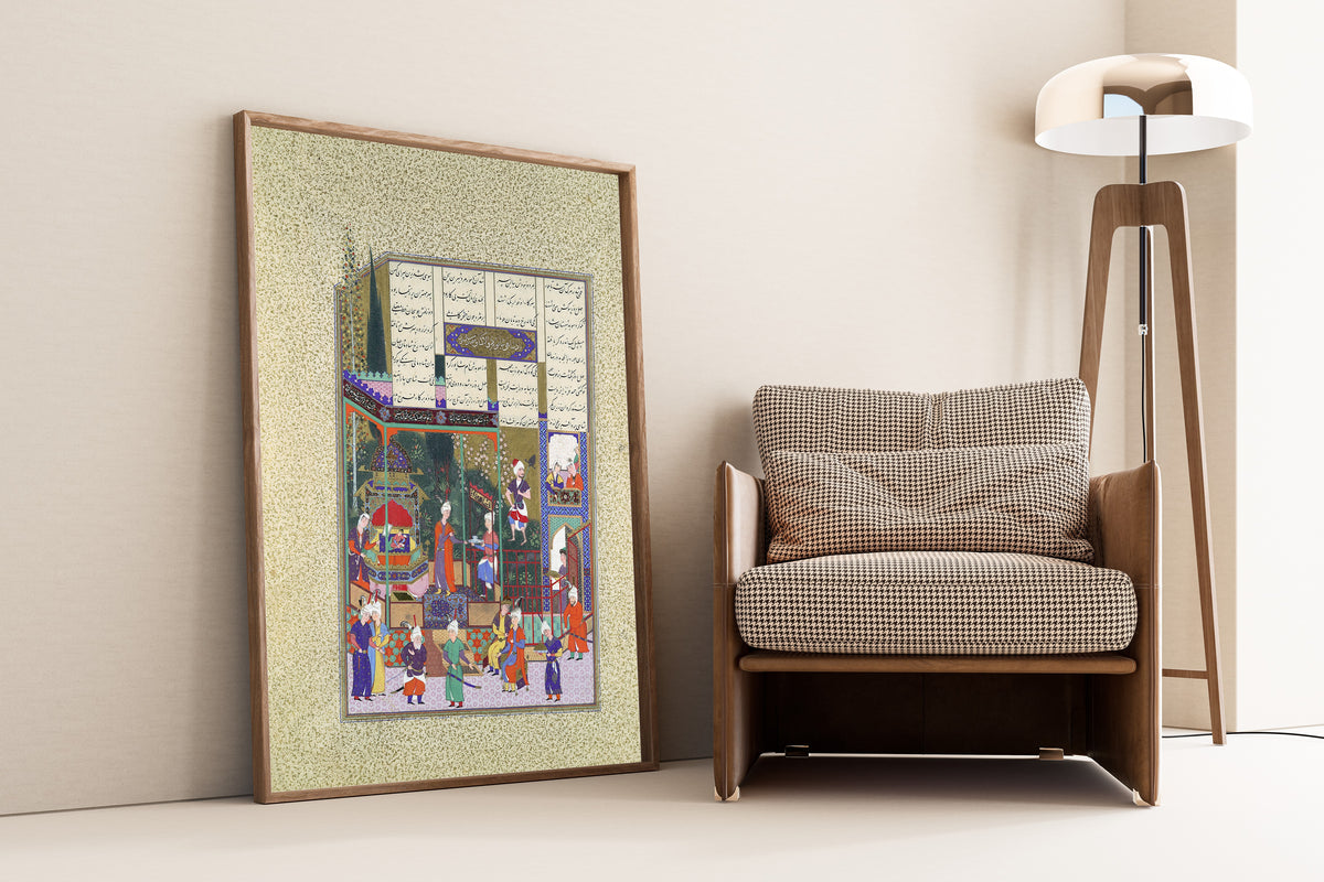 Framed art print of Shahnama of Shah Tahmasp: The Coronation of the… by Muzaffar Ali (attributed), leaning against a wall beside an armchair and a floor lamp