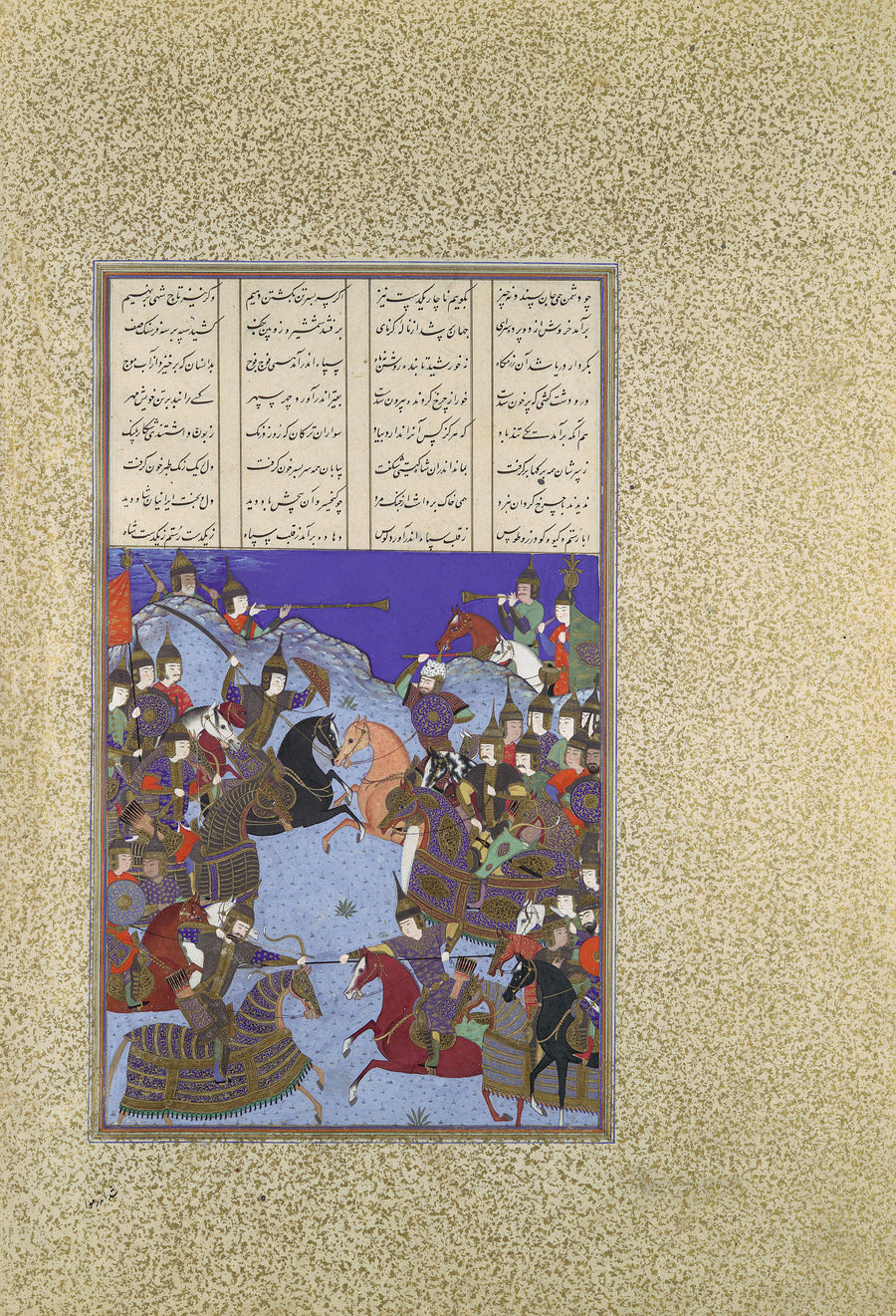 Bashdan Qara (attributed) — Shahnama of Shah Tahmasp: The Night Battle of Kai Khusrau and Afrasiyab | Persian Miniature Art Print shown to scale on a wall above a sofa