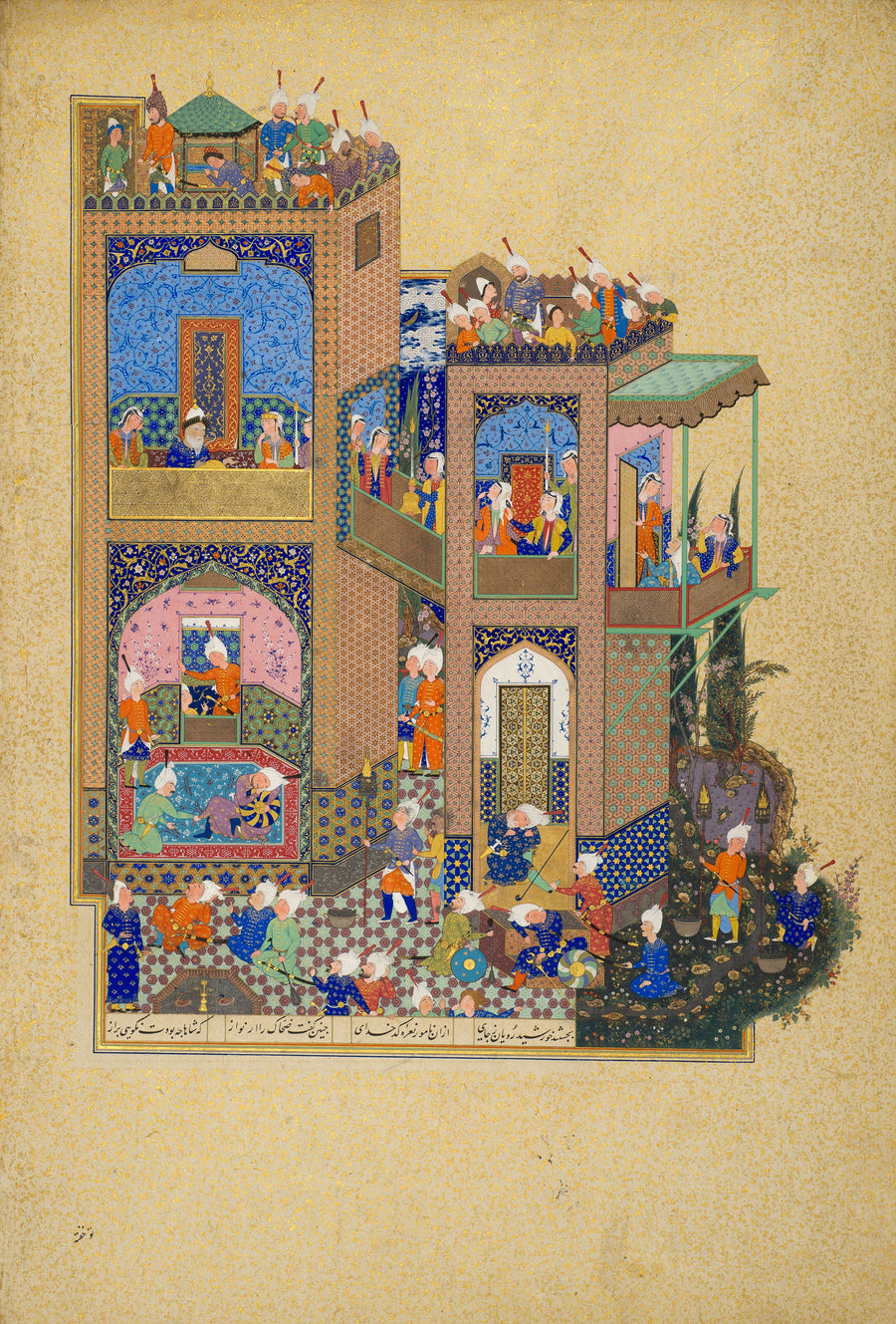 Mir Musavvir — Shahnama of Shah Tahmasp: Zahhak Discusses His Dream with Arnavaz | Persian Miniature Art Print shown to scale on a wall above a sofa