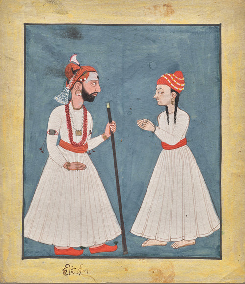 Shamsher Sen of Mandi with a youth by Mandi school — A bearded ruler with a staff faces a youth against a slate-blue ground