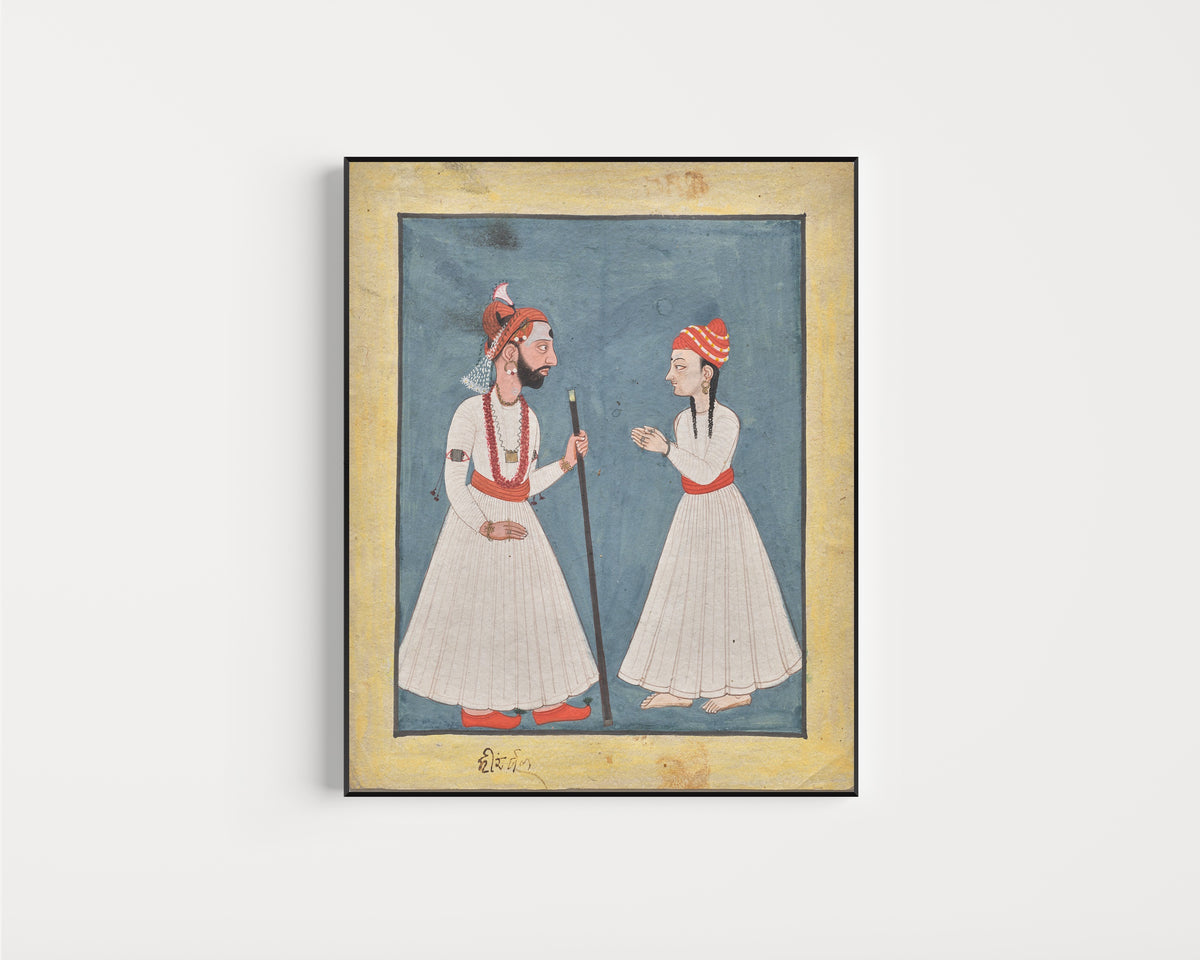 Framed art print of Shamsher Sen of Mandi with a youth by Mandi school, in a slim black frame on a plain white wall