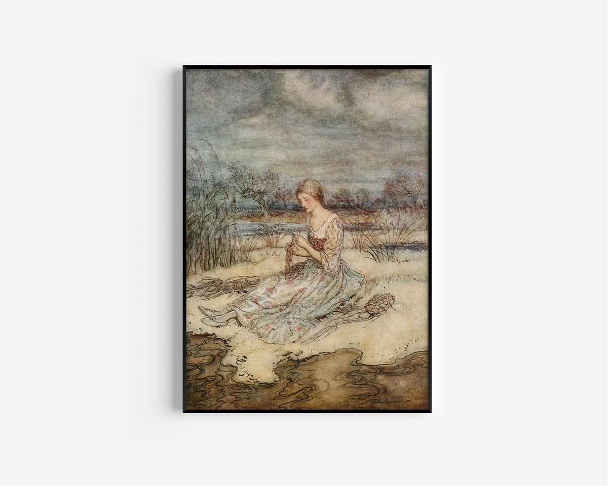 Arthur Rackham — She Sate Down and Plaited Herself an Overall of Rushes and a Cap to Match | Fairy Tale Illustration Print