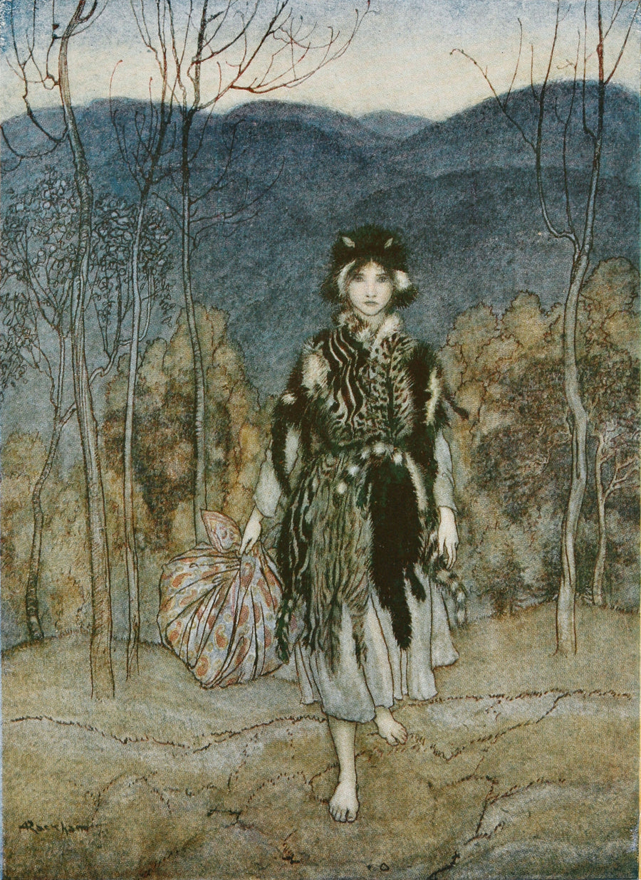 Arthur Rackham — She Went Along, and Went Along, and Went Along | Fairy Tale Illustration Print shown to scale on a wall above a sofa