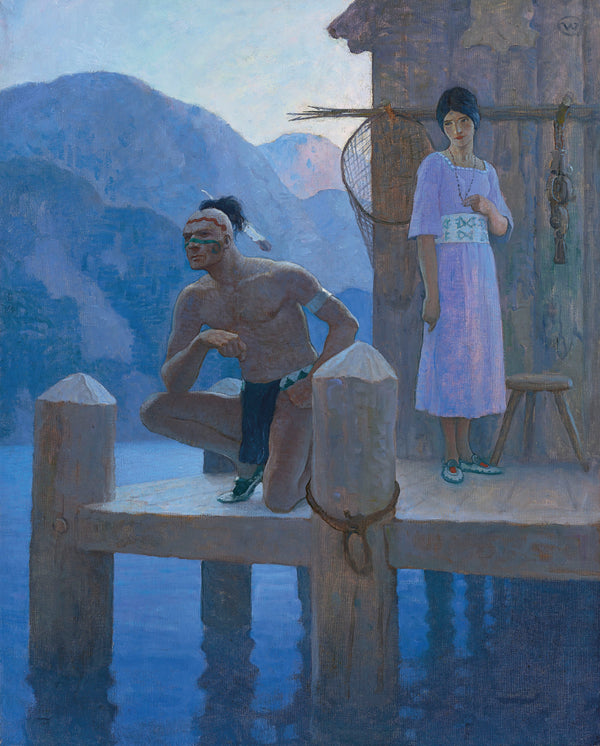 N. C. Wyeth — She found Chingachgook studying the shores of the lake, the mountains, and the heavens | Illustration Art Print