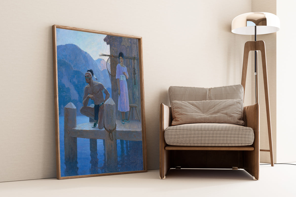 N. C. Wyeth — She found Chingachgook studying the shores of the lake, the mountains, and the heavens | Illustration Art Print