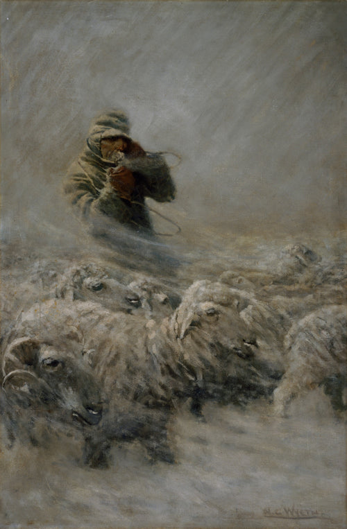 Sheep Herder by N. C. Wyeth — A hooded herder shields his face as his flock drifts through a storm