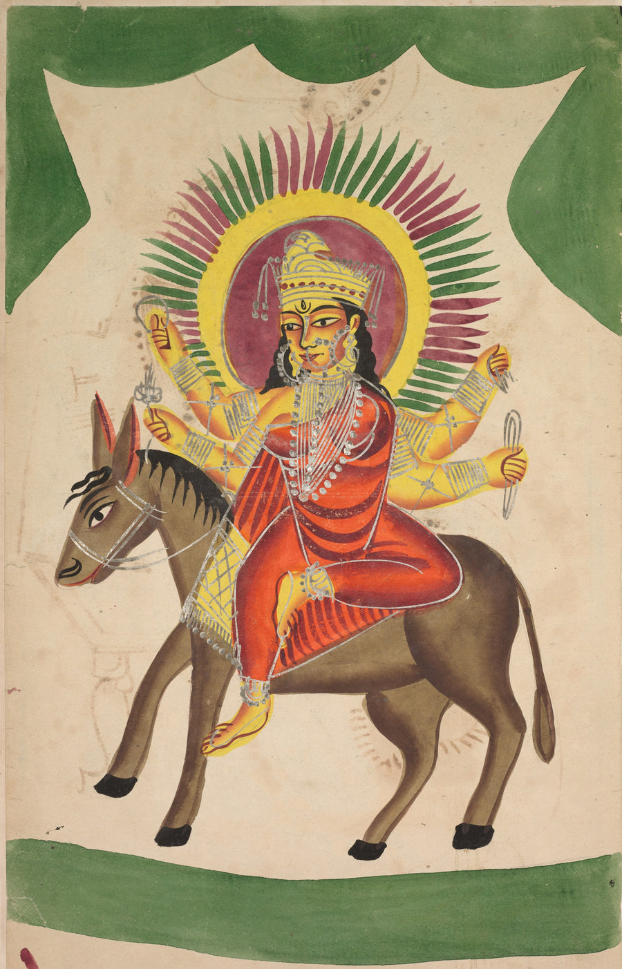Kalighat painter — Sheetaladevi: The Smallpox Goddess | Kalighat Painting Print shown to scale on a wall above a sofa