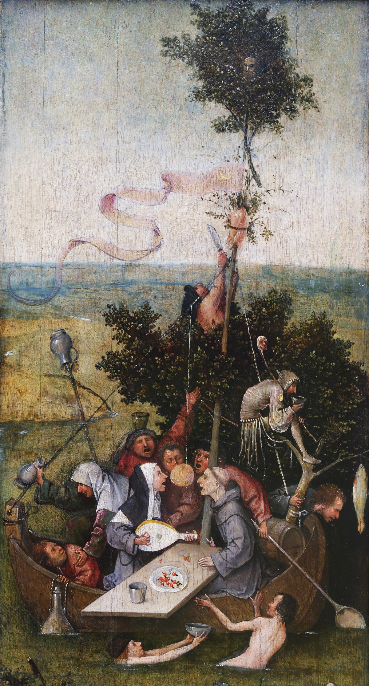 Ship of Fools by Hieronymus Bosch — Revellers crowd a little boat, gaping at a cake on a string