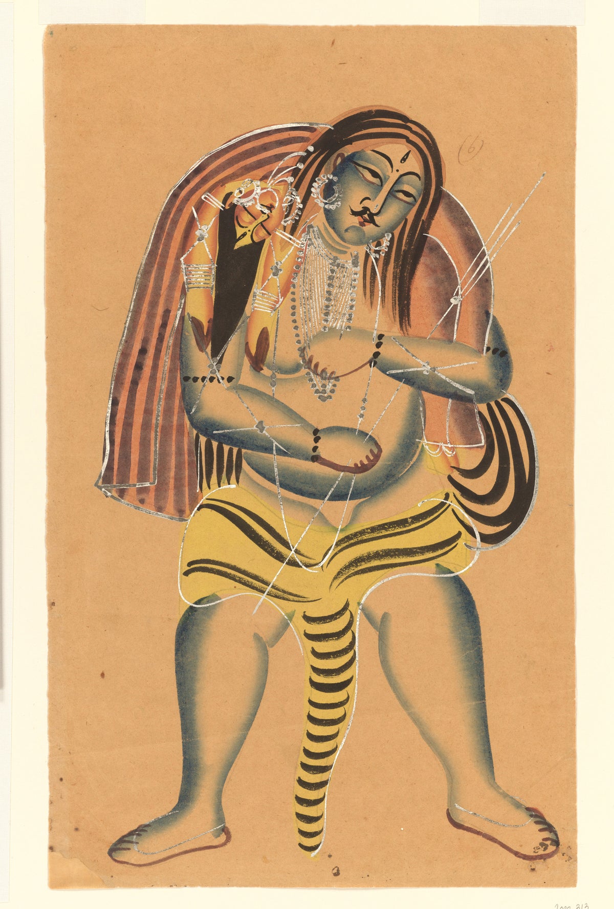 Shiva Carries the Corpse of Sati by Kalighat painter — Shiva stands grief-bowed with Sati's body slung across his shoulders