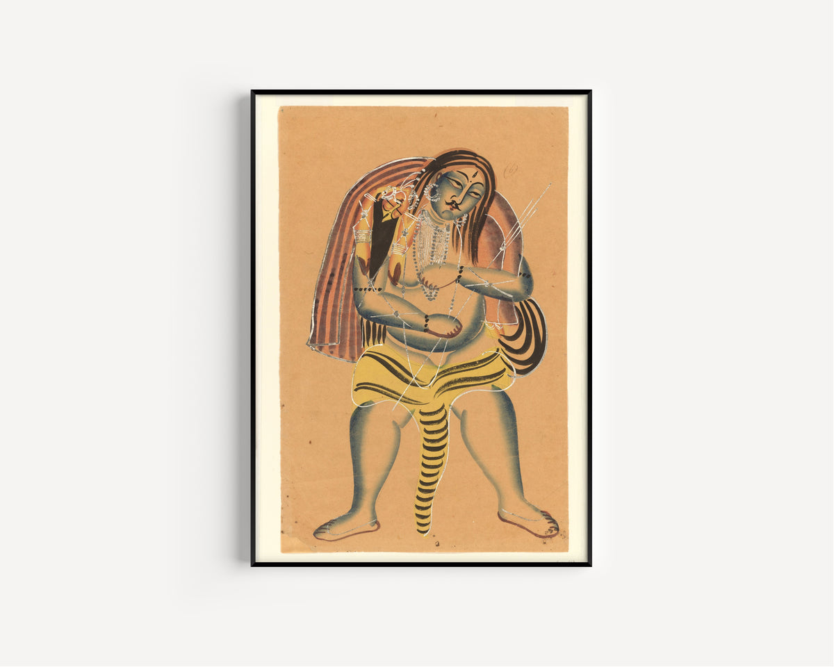 Framed art print of Shiva Carries the Corpse of Sati by Kalighat painter, in a slim black frame on a plain white wall