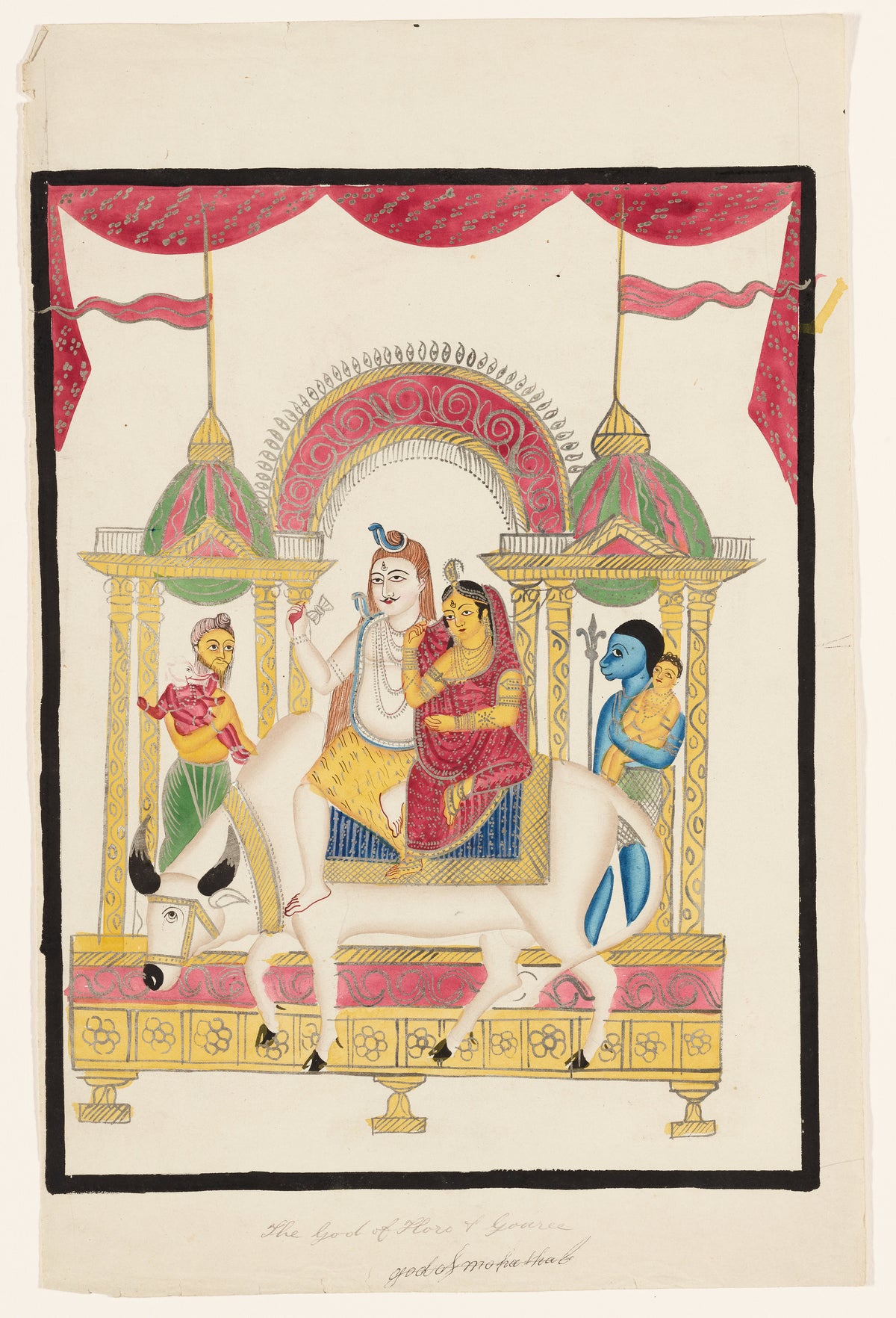 Shiva and Parvati on Nandi with Kartikeya and Ganesha by Kalighat painter — A divine family rides a white bull inside a flagged pavilion