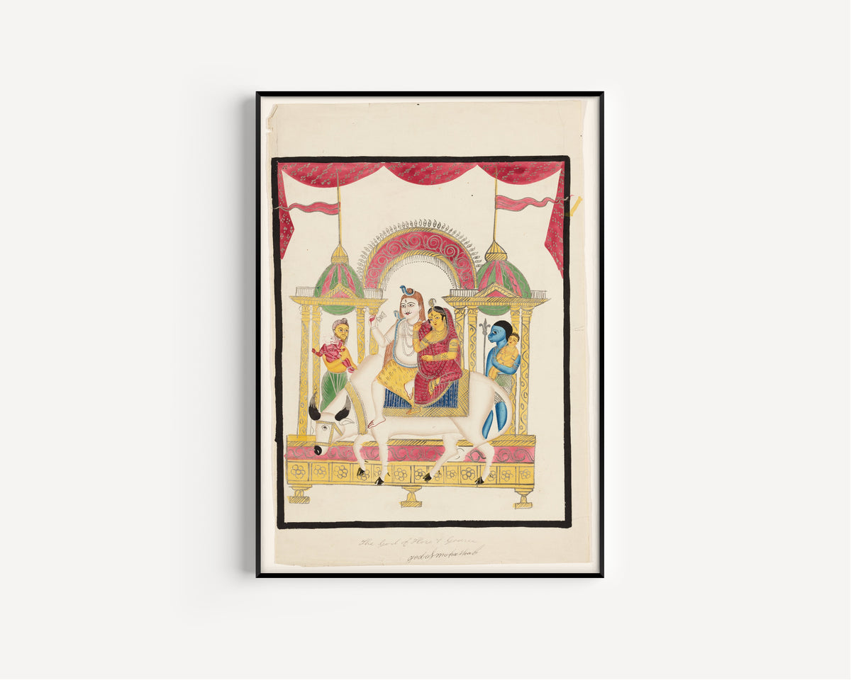 Framed art print of Shiva and Parvati on Nandi with Kartikeya and Ganesha by Kalighat painter, in a slim black frame on a plain white wall