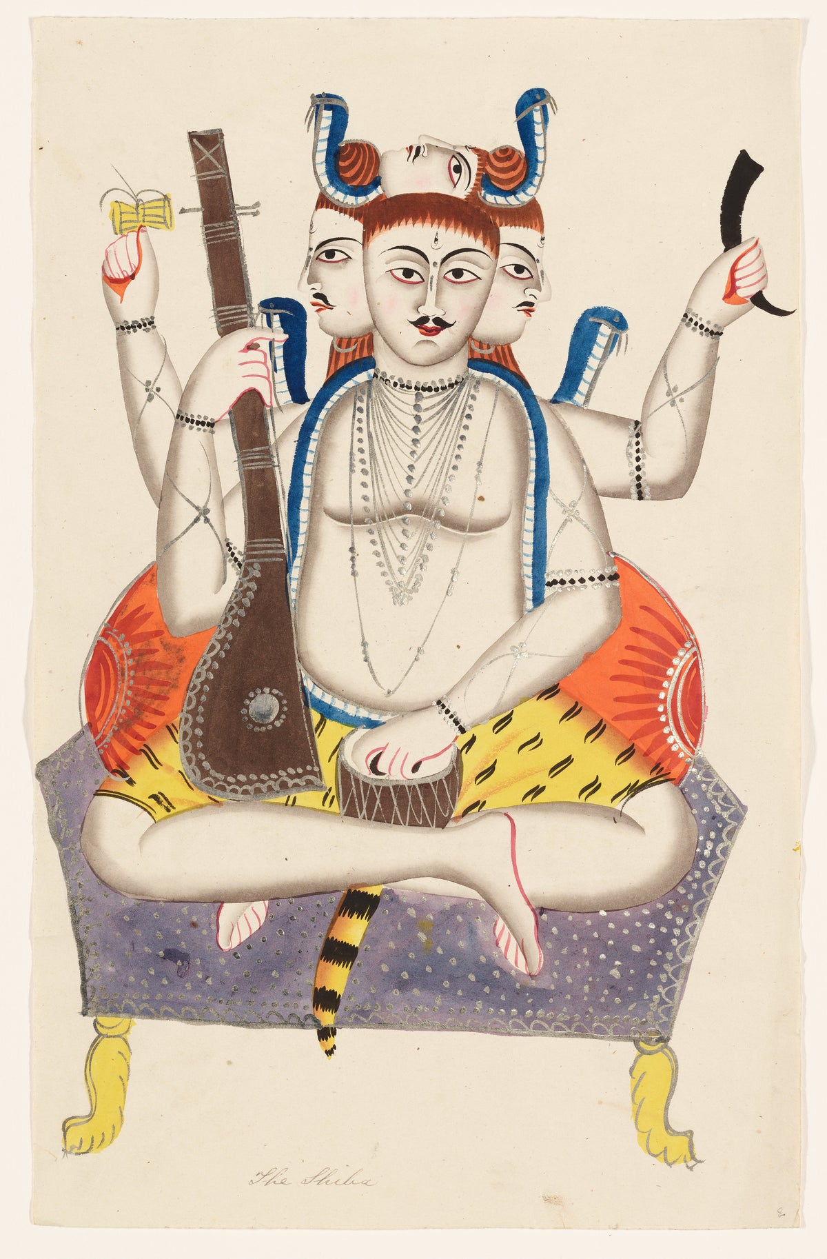 Shiva by Kalighat painter — A four-faced Shiva sits cross-legged with a lute and a drum