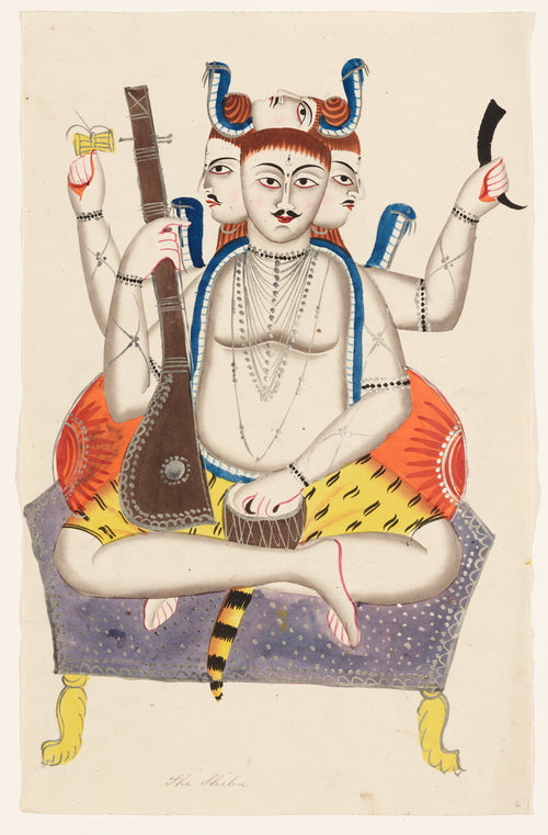 Shiva by Kalighat painter — A four-faced Shiva sits cross-legged with a lute and a drum
