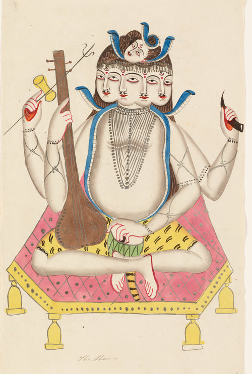 Shiva with Five Faces by Kalighat painter — A four-faced Shiva sits with a lute and trident