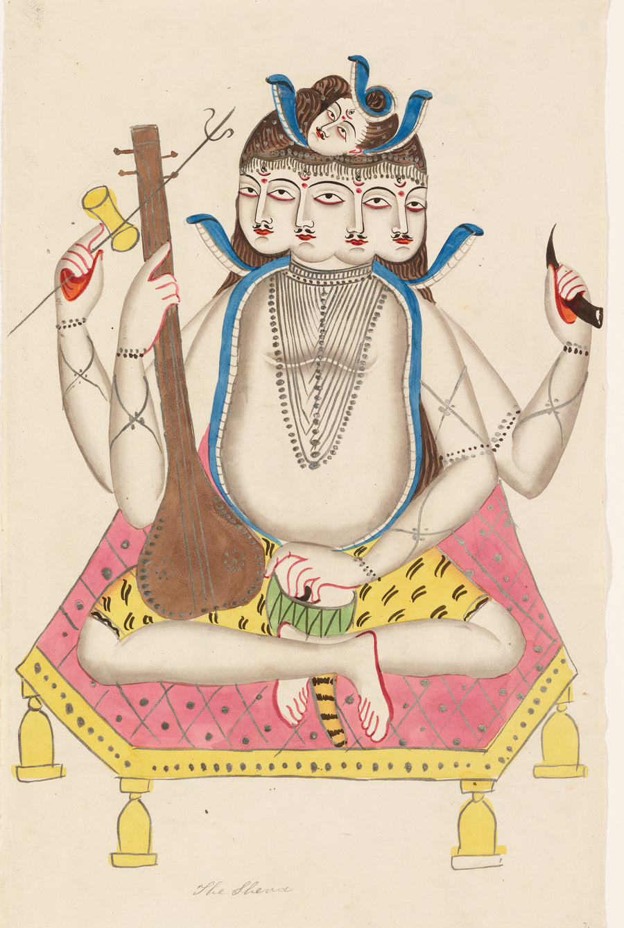 Kalighat painter — Shiva with Five Faces | Kalighat Painting Print shown to scale on a wall above a sofa