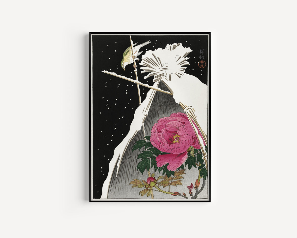 Ohara Koson — Siberian Bluechat next to a Peony | Japanese Bird & Flower Woodblock Print