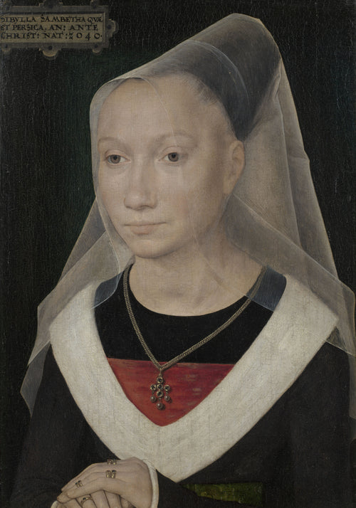 Sibylla Sambetha by Hans Memling — A veiled woman with a jewelled pendant and folded hands