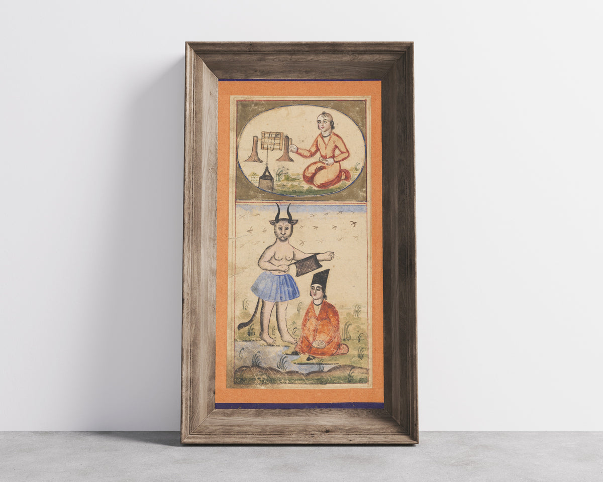 Framed art print of Signs of the Zodiac: Aquarius, the Water Carrier by Unknown artist, in a wide wooden frame leaning against a concrete wall