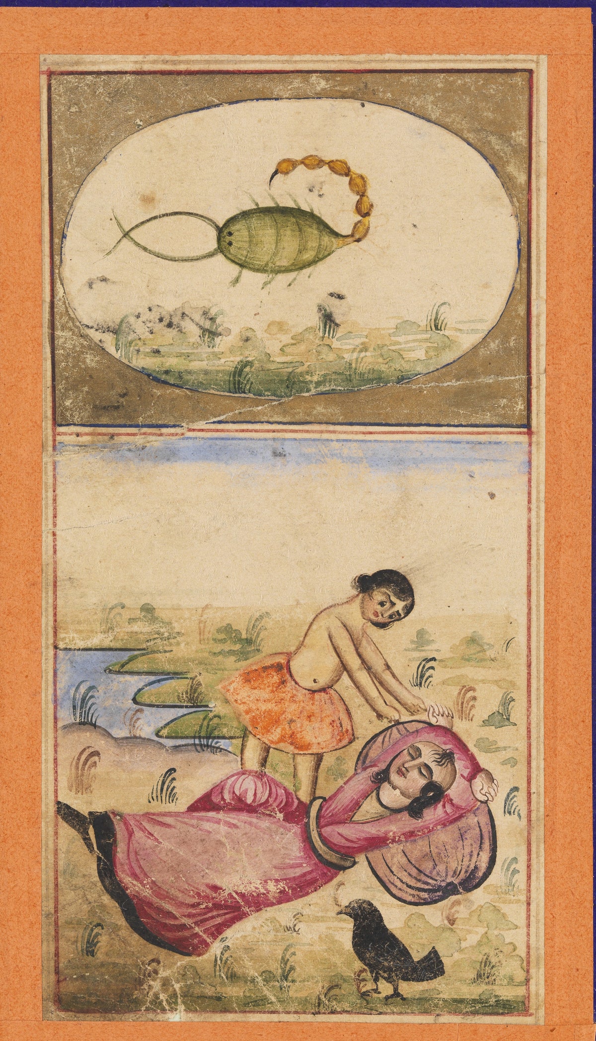 Signs of the Zodiac: Scorpio, the Scorpion by Unknown artist — A green scorpion above a woman bending over a sleeping figure