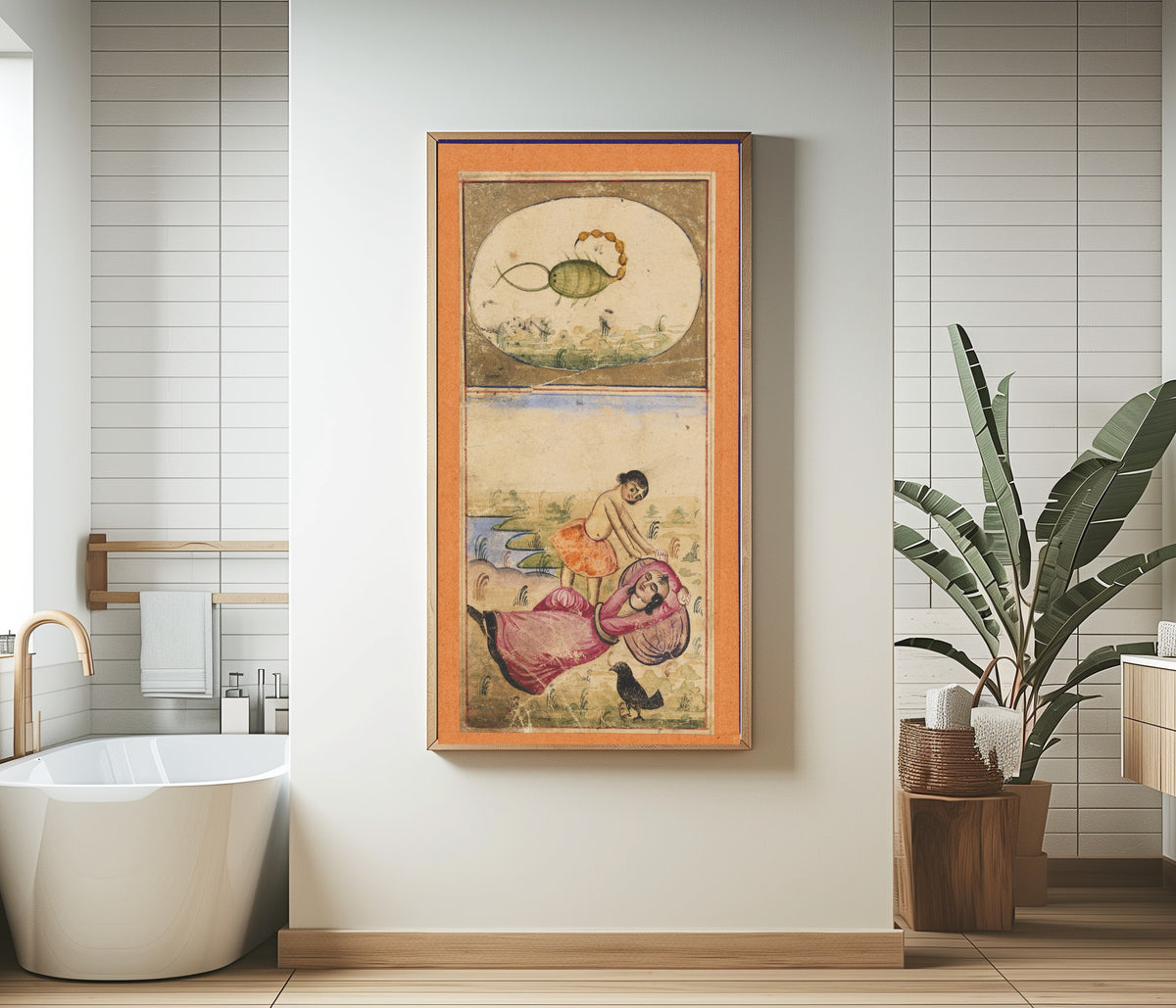 Framed art print of Signs of the Zodiac: Scorpio, the Scorpion by Unknown artist, in a bathroom beside a freestanding tub
