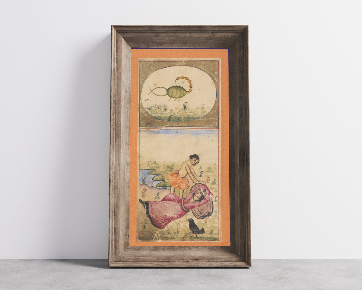 Framed art print of Signs of the Zodiac: Scorpio, the Scorpion by Unknown artist, in a wide wooden frame leaning against a concrete wall
